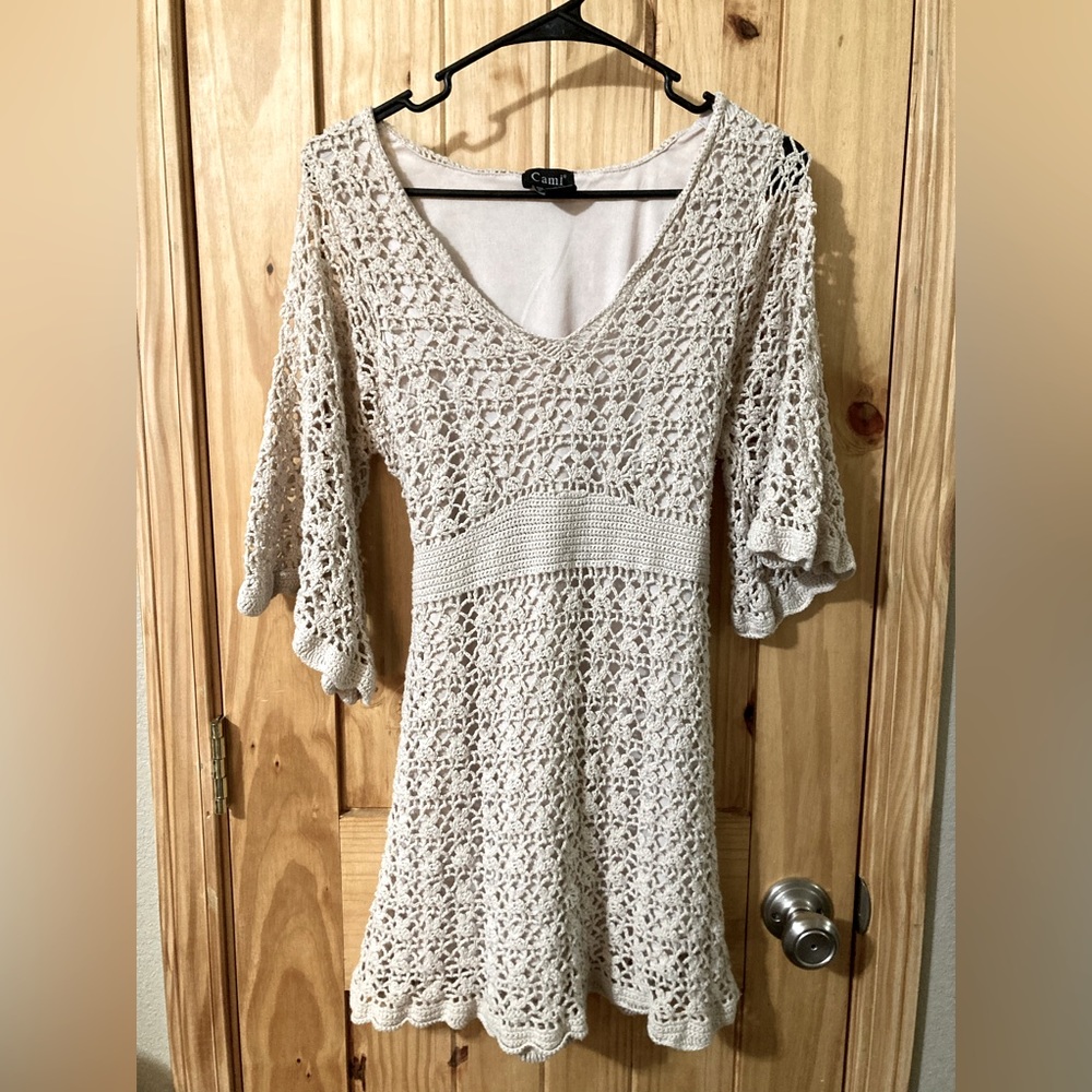 Vintage Cami brand girls size XL fully-lined crocheted mini dress in beige
